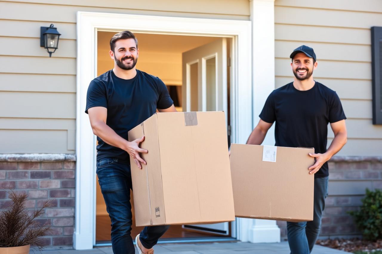 KO Movers crew carrying moving boxes out of a home